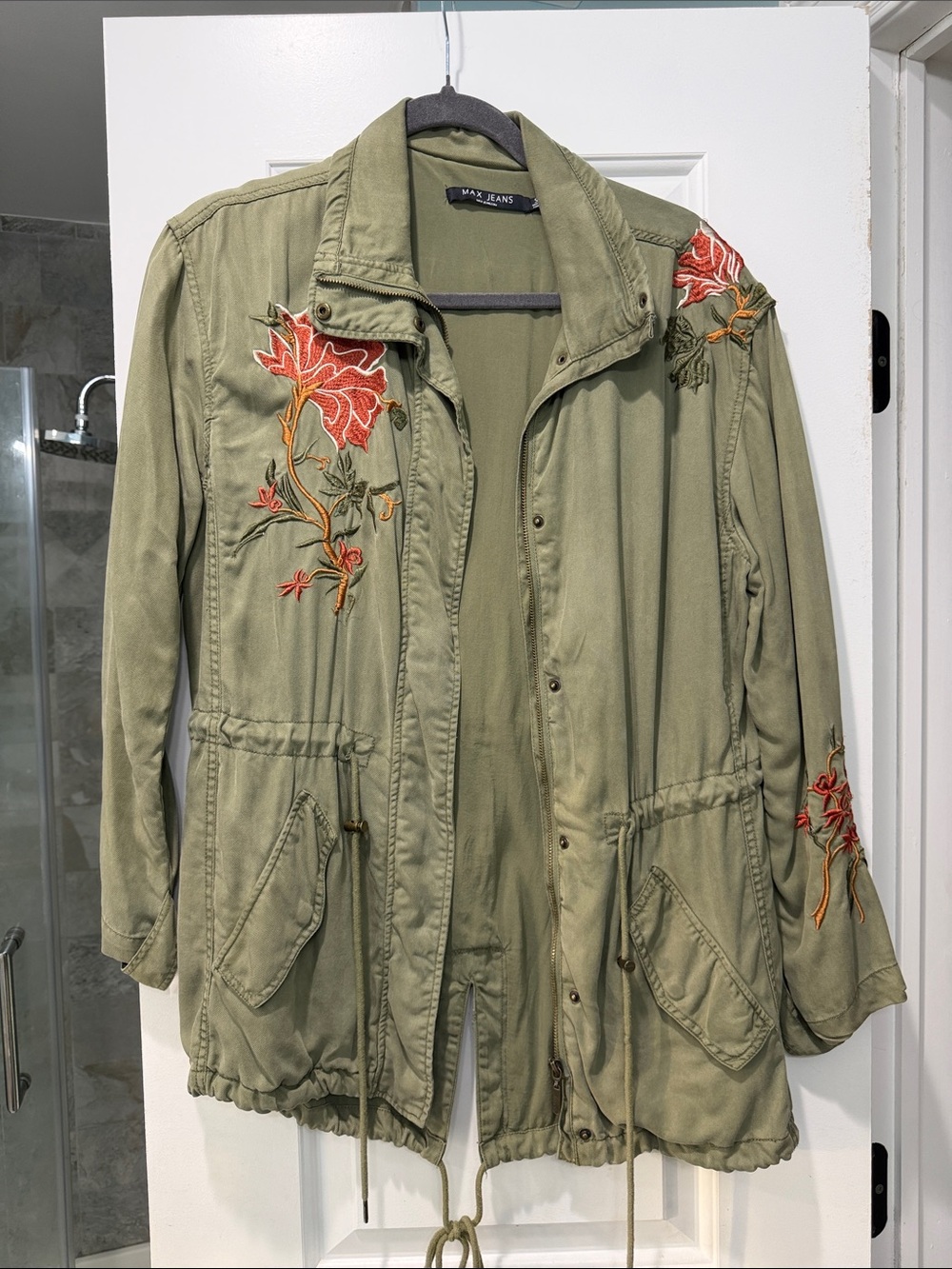 Max Jeans Olive Green Utility Jacket with Red-Orange Floral Embroidery